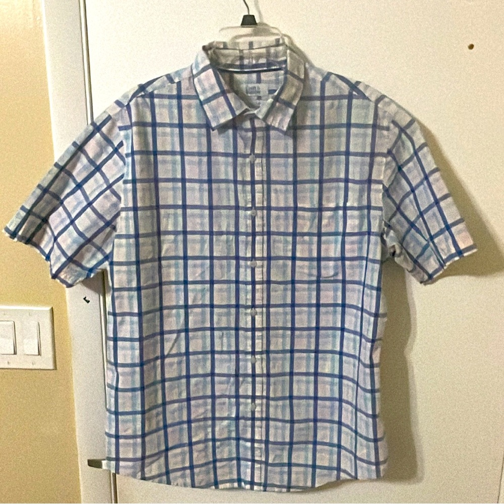 Croft and Barrow Men’s Plaid Long Sleeve Button Down Blue White Pink Size Large